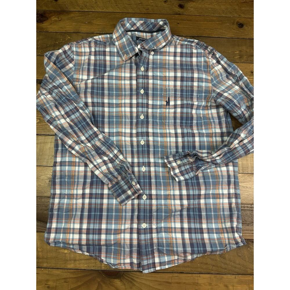 JOHNNIE-O Mens Medium Blue Orange Plaid Long Sleeve Cotton Button Shirt
